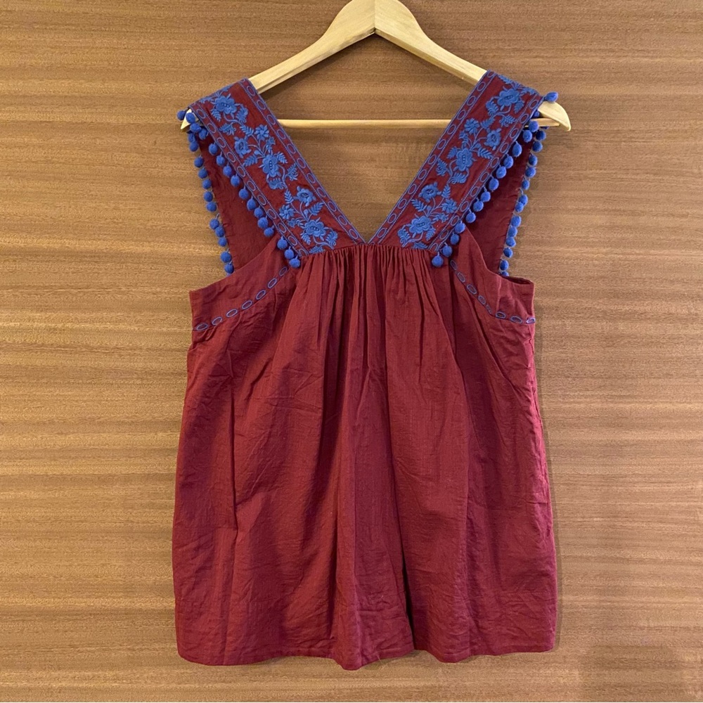 J. CREW 100% cotton burgundy and blue blouse-style tank top. Size 8.